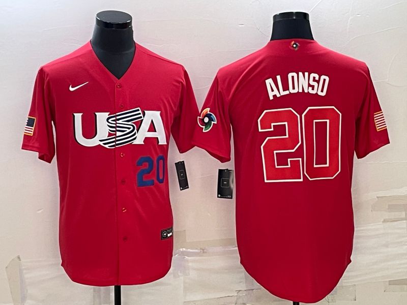 Men 2023 World Cub USA #20 Alonso Red Nike MLB Jersey4